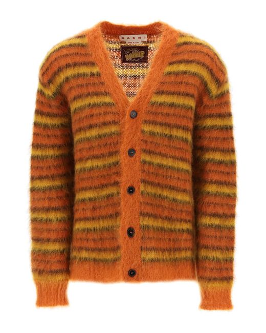 Marni Orange Cardigan In Striped Brushed Mohair for men