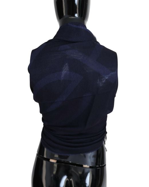 Gianfranco Ferré Black Dark Blue Wool Neck Wrap Shawl Fringes Scarf
