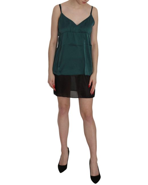 Pink Memories Black Silk Green Spaghetti Strap Shift Mini Dress