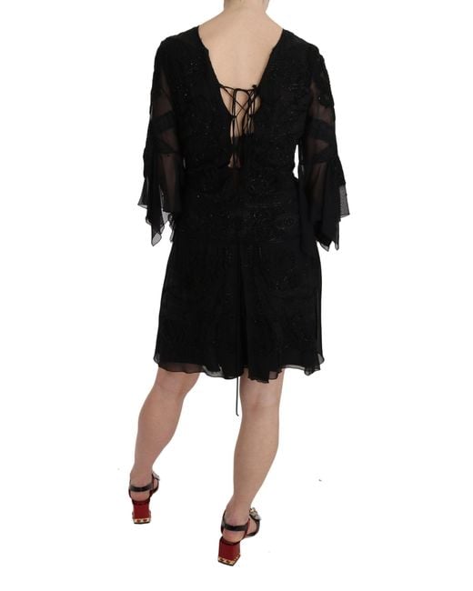 John Richmond Black Sequined Silk Mini Shift Gown