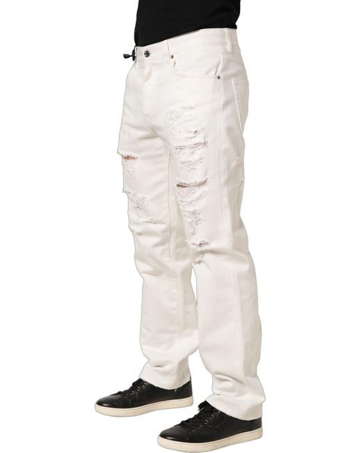 Dolce & Gabbana Natural White Cotton Distressed Straight Denim Jeans for men