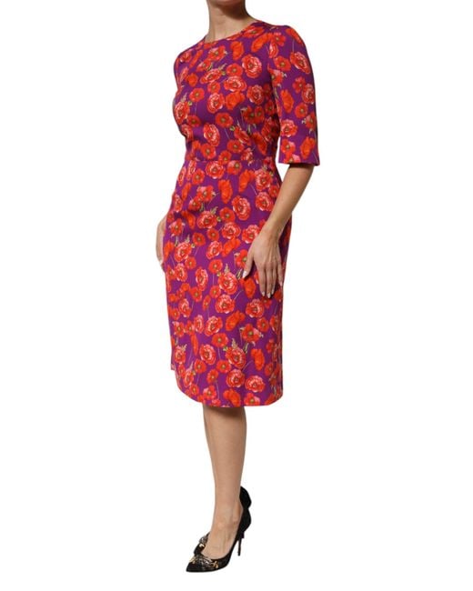Dolce & Gabbana Red Silk Floral Print Midi Sheath Dress