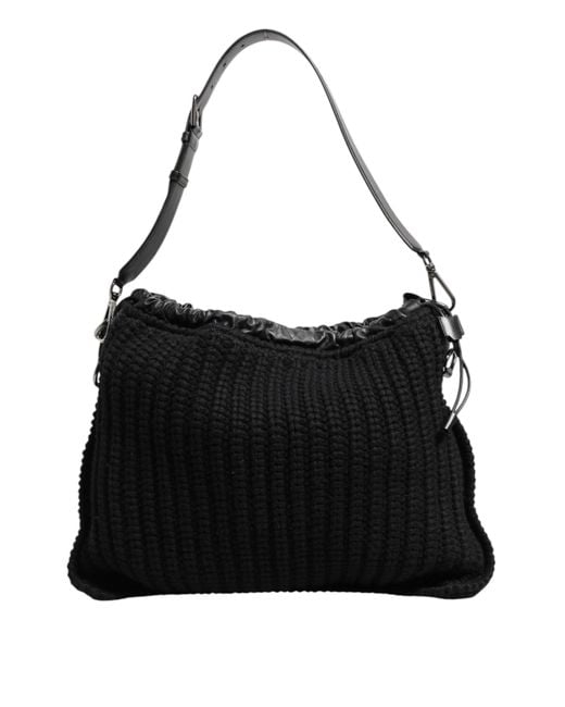 Dolce & Gabbana Black Cashmere Knitted Leather Shoulder Borse Bag