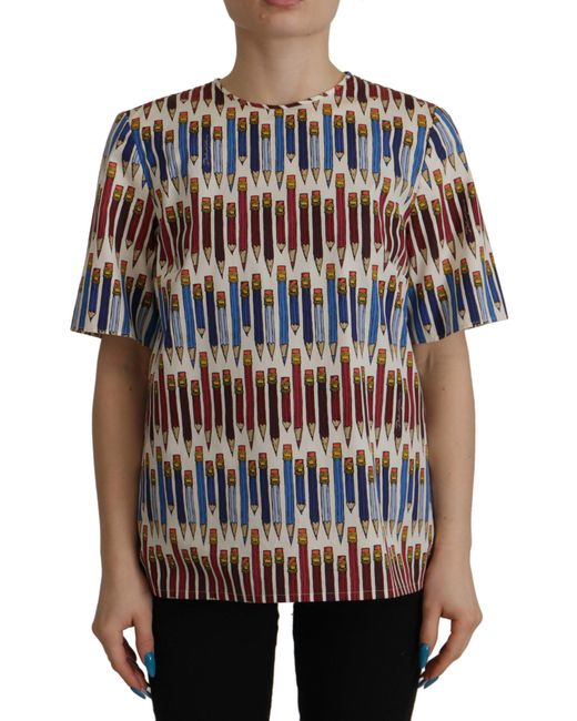 Dolce & Gabbana White Pencil Print Blouse Tsh7836
