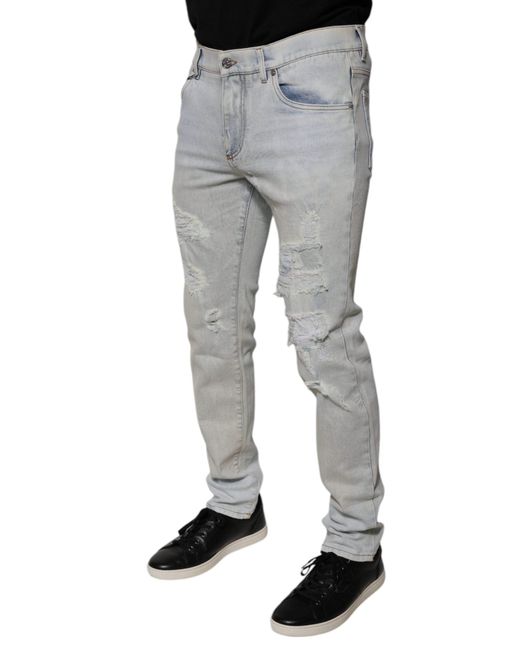 Dolce & Gabbana Gray Light Blue Cotton Blend Tattered Skinny Denim Jeans for men