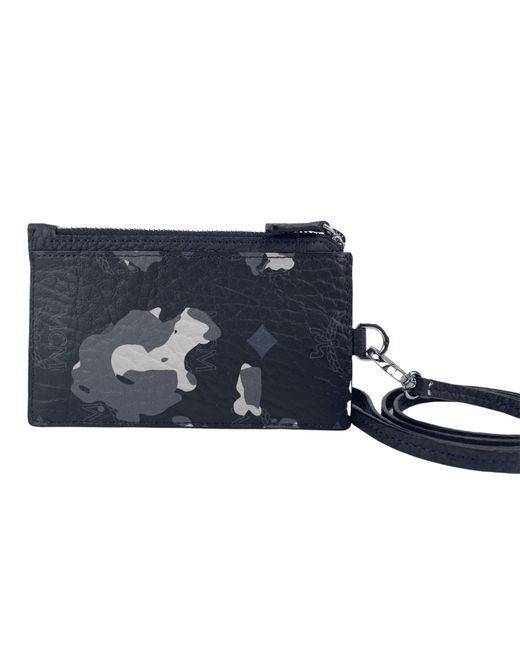 MCM Portuna Visetos Black Floral Camo Leather Card Case Necklace