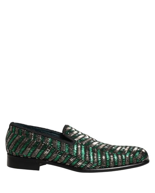 Dolce & Gabbana Silver Green Embellished Dress Loafers Shoes for men