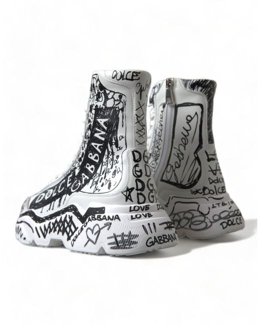 Dolce & Gabbana Gray White Black Graffiti Daymaster Sneakers Shoes
