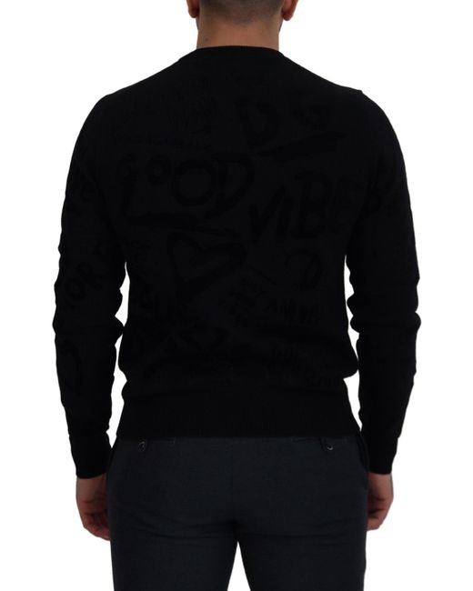 Dolce & Gabbana Black Wool Logo Pattern Crewneck Pullover Sweater for men