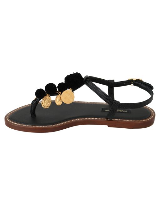 Dolce & Gabbana Black Pom Pom Flip Flop Ankle Strap Flats