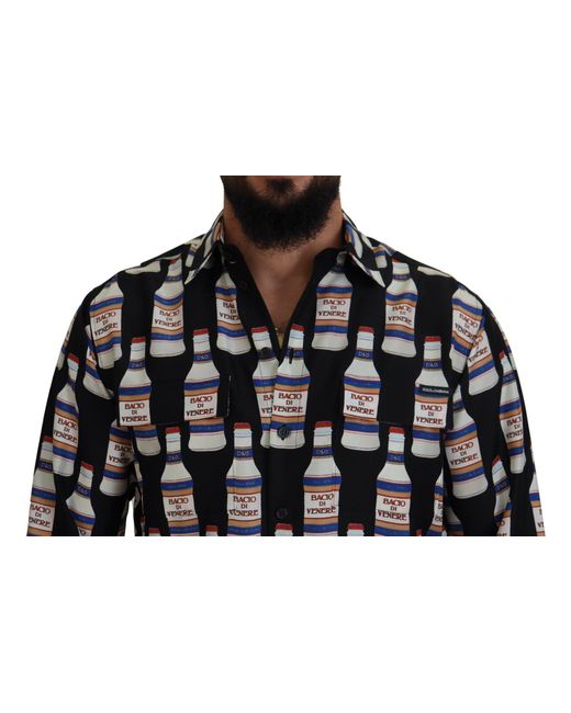 Dolce & Gabbana Black Silk Printed Collared Casual Shirt for men