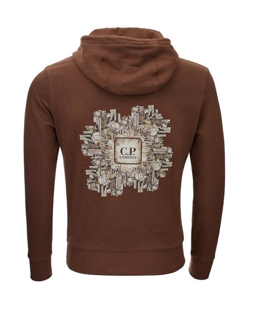 C P Company Brown Cotton Hooded Sweatshirt With Logo And Maxi Pocket. for men