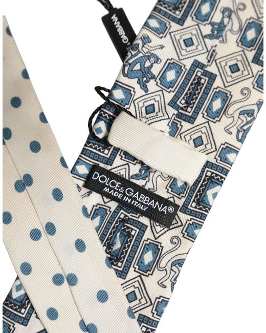 Dolce & Gabbana Natural Men Off White Blue Geometric Adjustable Tied Necktie Tie for men