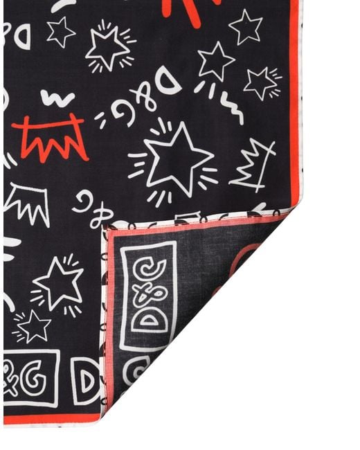 Dolce & Gabbana Black Dg Crown Cotton Foulard 47Cm X 46Cm Scarf
