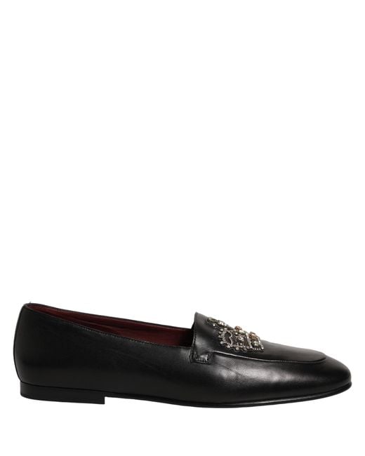 Dolce & Gabbana Black Leather Crown Embellished Loafers Shoes for men