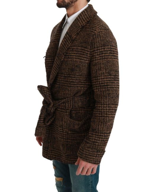 Dolce & Gabbana Brown Checkered Wool Robe Coat Wrap Jacket for men