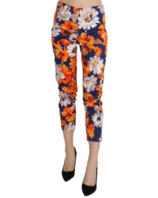 LANACAPRINA Red Blue Floral Print Skinny Slim Fit Trousers Pants