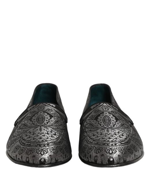 Dolce & Gabbana Black Silver Jacquard Leather Slip On Loafers Shoes for men