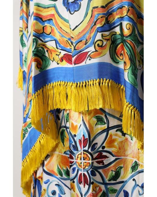 Dolce & Gabbana Blue Multicolor Majolica Kaftan Short Sleeves Maxi Dress
