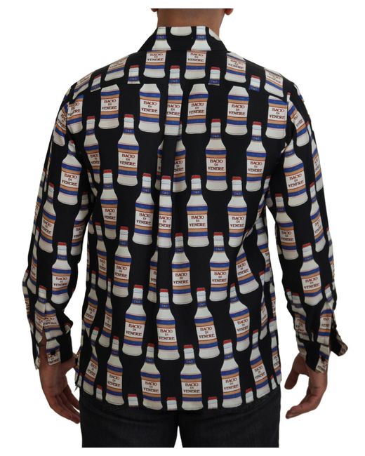Dolce & Gabbana Black Silk Printed Collared Casual Shirt for men