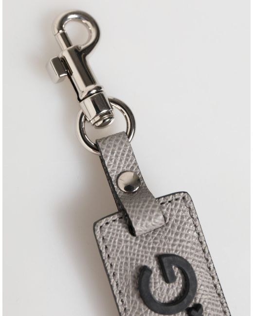 Dolce & Gabbana White Gray Leather Logo Metal Ring Keychain Holder Men Keyring for men
