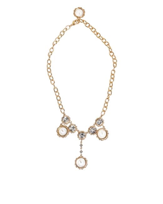 Dolce & Gabbana White Crystal Clock Pendant Statement Jewelry Necklace