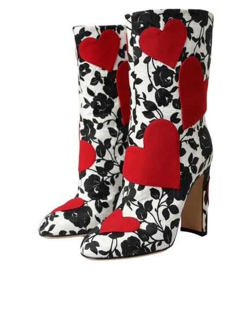 Dolce & Gabbana Red Floral Hearts Leather High Boots Shoes
