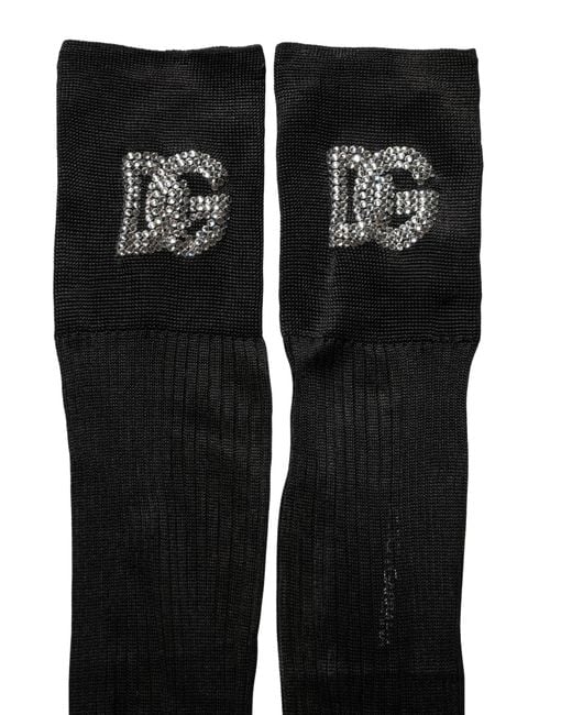 Dolce & Gabbana Black Dg Logo Rhinestones Stretch Thigh High Socks