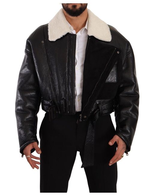 Dolce & Gabbana Black Leather Shearling Biker Coat Jacket Lamb Leather for men