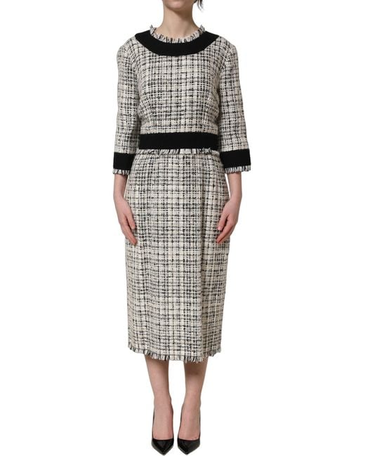 Dolce & Gabbana Gray Multicolor Bouclé Tweed Frayed Trim Midi Dress