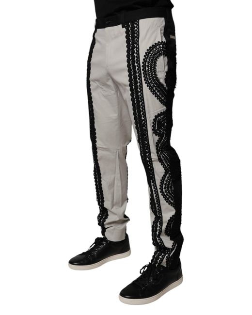 Dolce & Gabbana Black White Lace Trim Mid Waist Dress Formal Pants for men