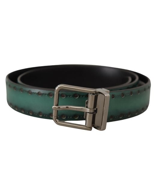Dolce & Gabbana Black Green Giotto Leather Silver Metal Buckle Belt for men