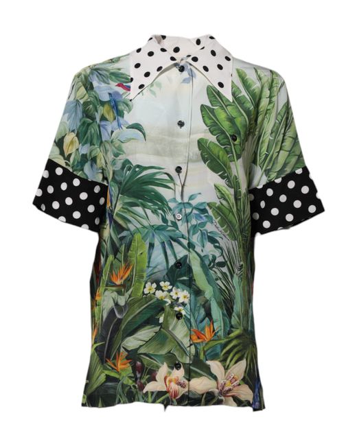 Dolce & Gabbana Green Multicolor Printed Silk Collared Shirt Top