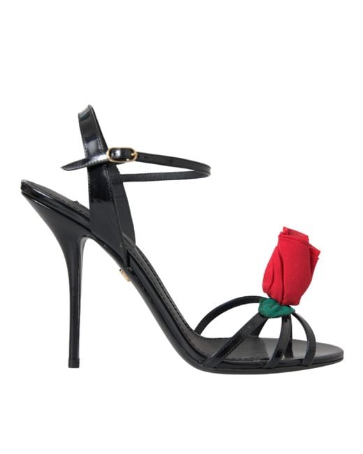 Dolce & Gabbana Black Leather Rose Ankle Strap Heels Sandals Shoes (Pre-Owned)