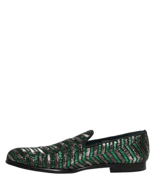 Dolce & Gabbana Silver Green Embellished Dress Loafers Shoes for men