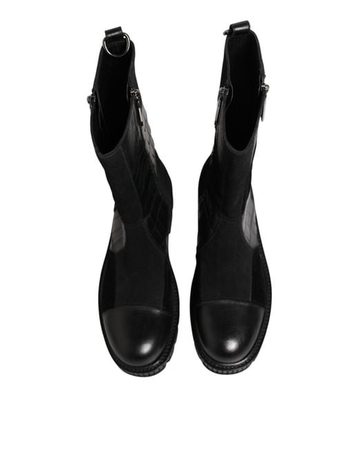 Dolce & Gabbana Black Patchwork Leather Mid Calf Boot Shoes for men