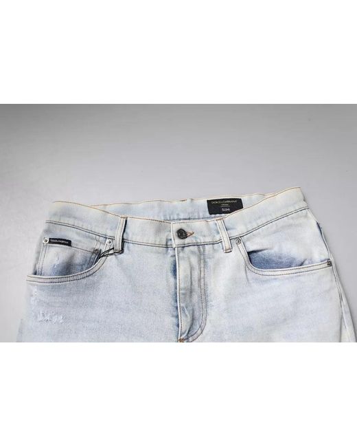 Dolce & Gabbana Gray Light Blue Cotton Blend Tattered Skinny Denim Jeans for men