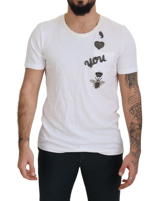 Dolce & Gabbana White Cotton Logo Patch Short Sleeve T-shirt for men