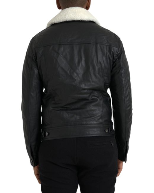 Dolce & Gabbana Black Leather Fur Collar Biker Coat Jacket for men
