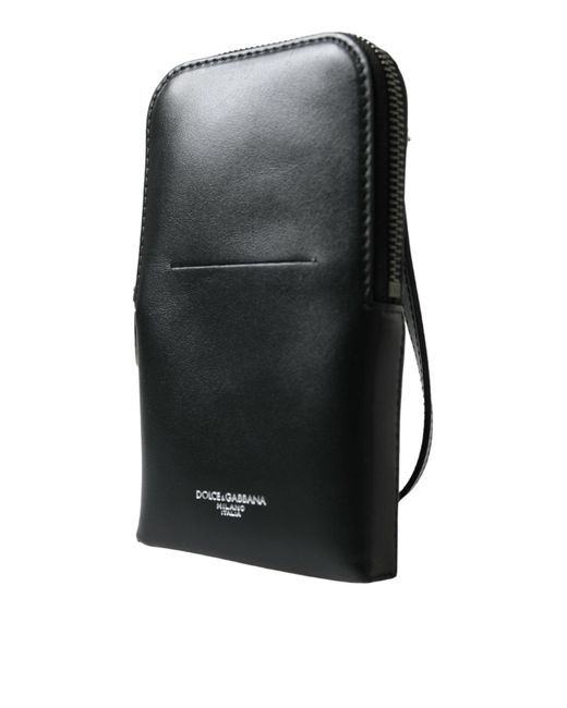 Dolce & Gabbana Black Leather Zip Around Logo Print Lanyard Strap Wallet for men