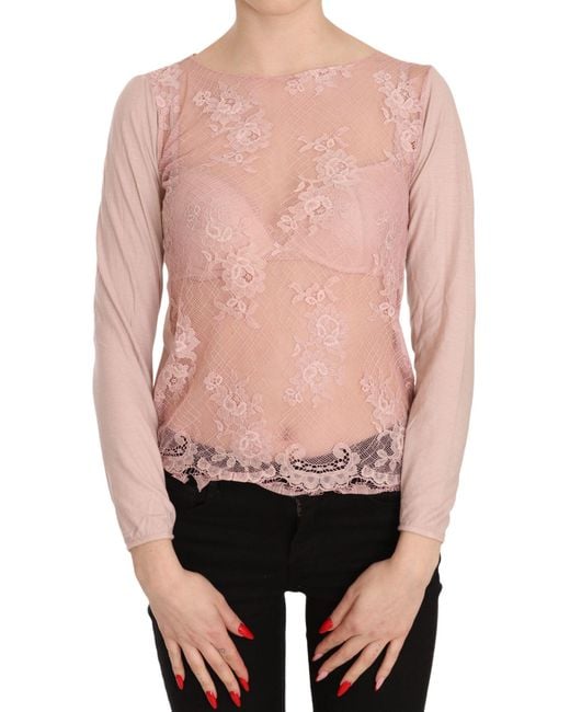 Pink Memories Pink Lace See Through Long Sleeve Top Blouse