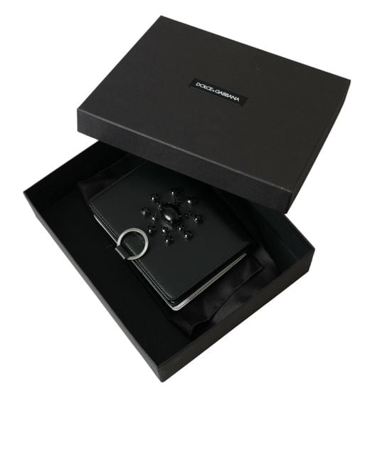 Dolce & Gabbana Black Elegant Crystal-Embellished Leather Card Holder