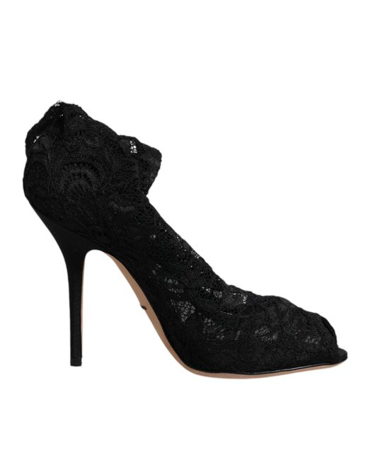Dolce & Gabbana Black Lace Stretch Heels Mid Calf Boots Shoes