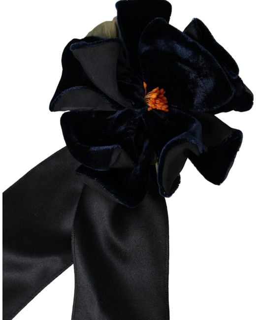 Dolce & Gabbana Black Silk Brass Floral Hair Pin Brooch for men