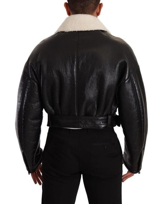 Dolce & Gabbana Black Leather Shearling Biker Coat Jacket Lamb Leather for men
