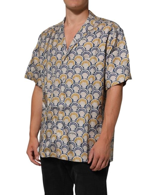Dolce & Gabbana Gray Cream Cotton Silk Hawaii Scallop Shell Print Shirt for men