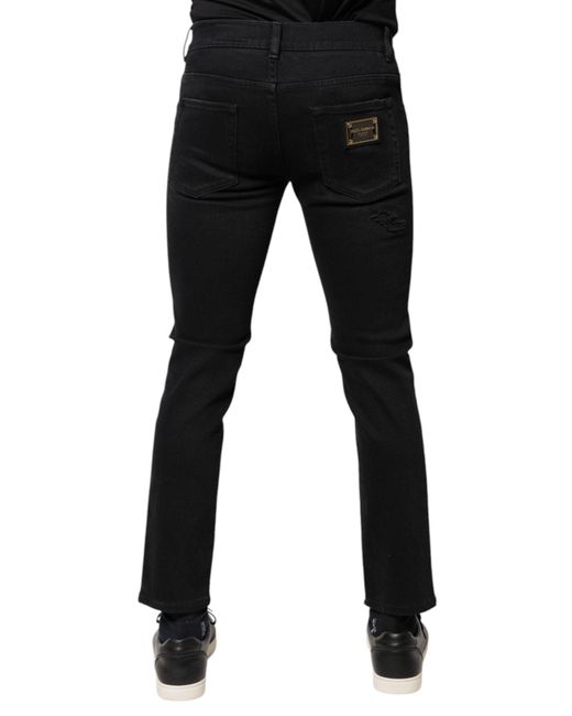 Dolce & Gabbana Black Cotton Tattered Skinny Denim Logo Jeans for men