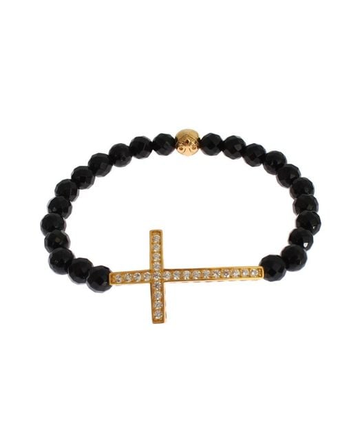 Nialaya Black Agate Stone Gold Cz Cross 925 Silver Bracelet