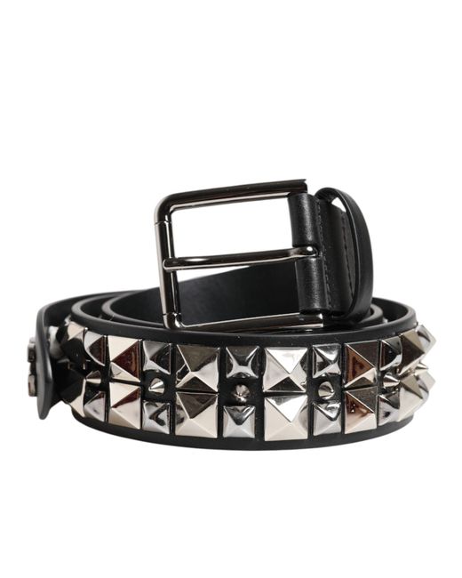 Dolce & Gabbana Black Calf Leather Studded Silver Buckle Belt for men