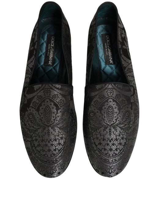 Dolce & Gabbana Black Silver Jacquard Leather Slip On Loafers Shoes for men